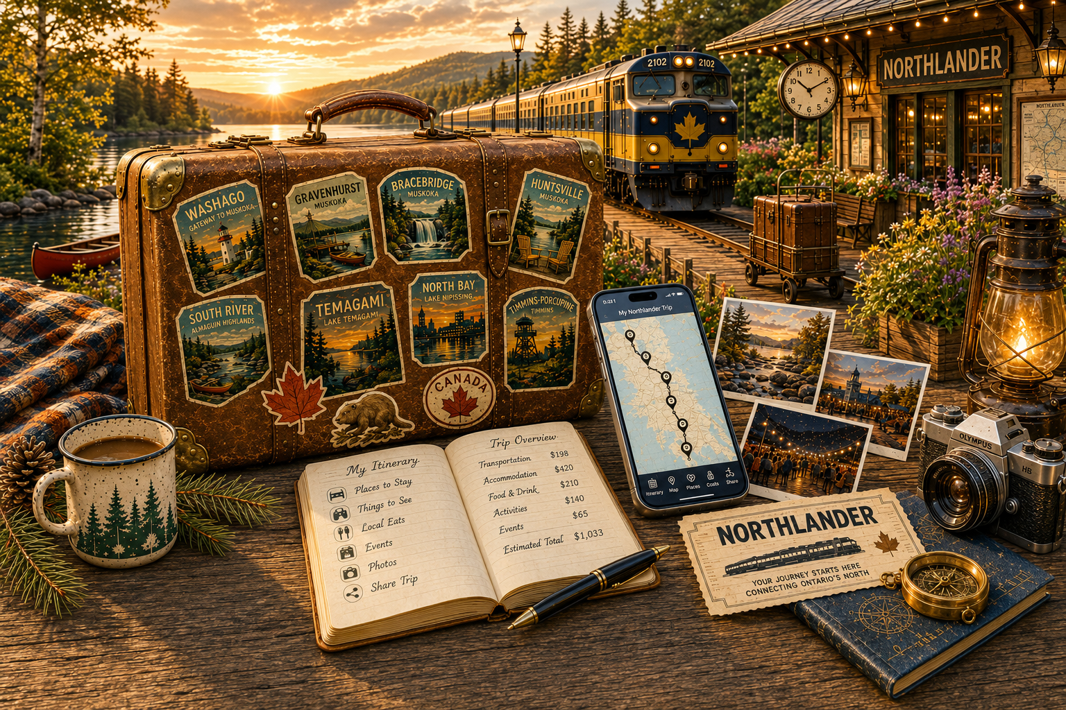 A vintage suitcase with route stickers beside a train, a journal, a phone and a ticket at a Northern Ontario station